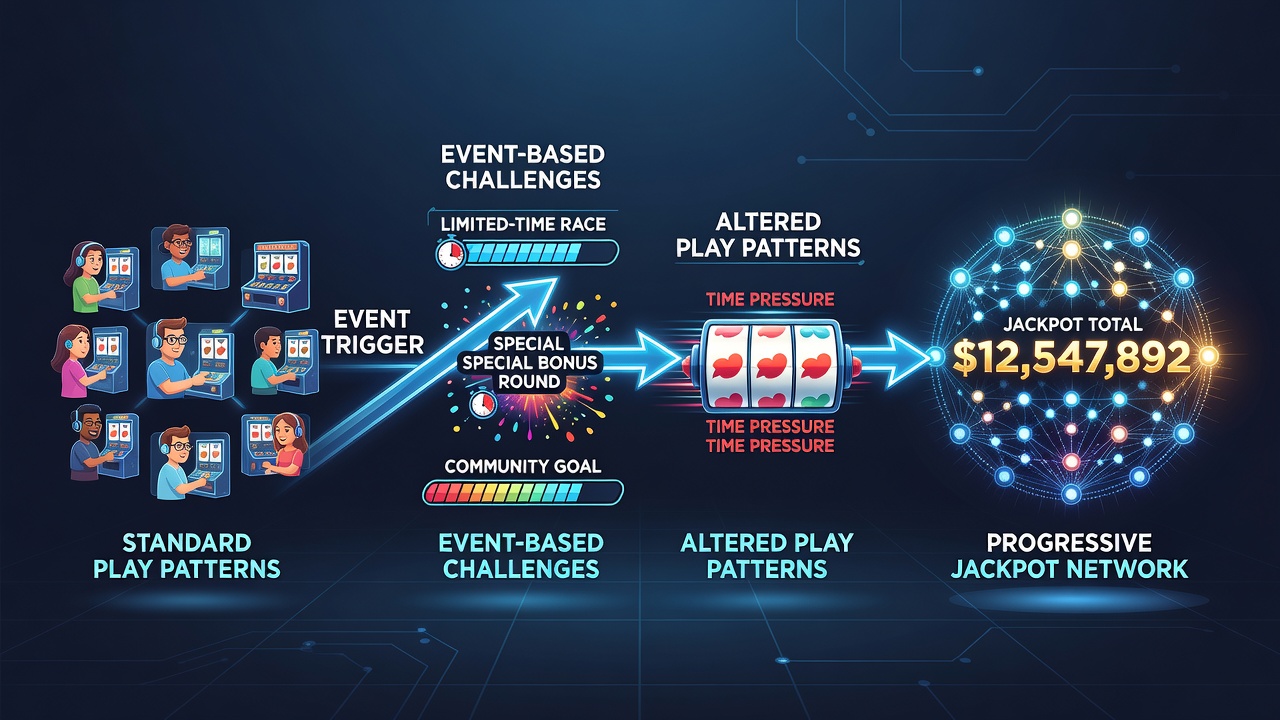 Screenshot of a live progressive jackpot meter with overlaid event leaderboard showing player rankings